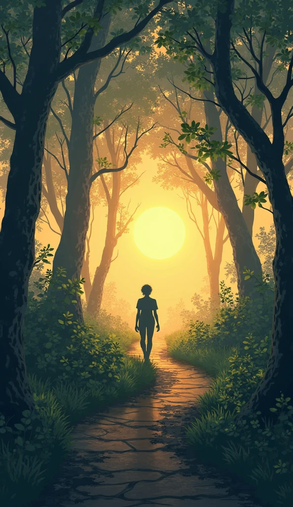 A spiritual landscape that represents a path to a bright light on the horizon. This path is surrounded by nature,  symbolizing creation and life .