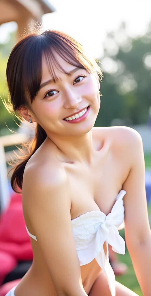 ((Highest quality, 8k,)), Browsing Caution, front, Heavy chest, charm, Accurate手足, (masterpiece:1.3), RAW Photos, Beautifully detailed face, Pale skin, Detailed hair texture, Perfect body, Beautiful Face, Accurate, Anatomically correct,Natural neck length,(Fair skin:1.2), (Highest quality:1.4), finely,(とてもBeautiful Faceのディテール), (Big Breasts:1.0),フルnude、Fashion model posing、Whole Body Ezbian、nude、thin、Hip、thin脚、Portraiture,One Woman, (RAW Photos:1.2),In bed、naked、Japanese、small、Areola、frontを向いて、(Photorealistic photography:1.4), (超Realistic:1.4), (Realistic:1.3), (softer lighting:1.05), (映画の照明Improvement of quality:0.9), topless、Underless、上半身naked、naked、, (Bright light:1.2), (Improvement of quality:1.4), (Highest qualityのリアルテクスチャスキン:1.4), Detailed eyes, finely描かれた顔, ( Joyful), (smile:1.1), (Enhances the beauty of skin texture.:1.1)、Spread your legs、Show me your crotch、フルnude,Exposing the breasts、