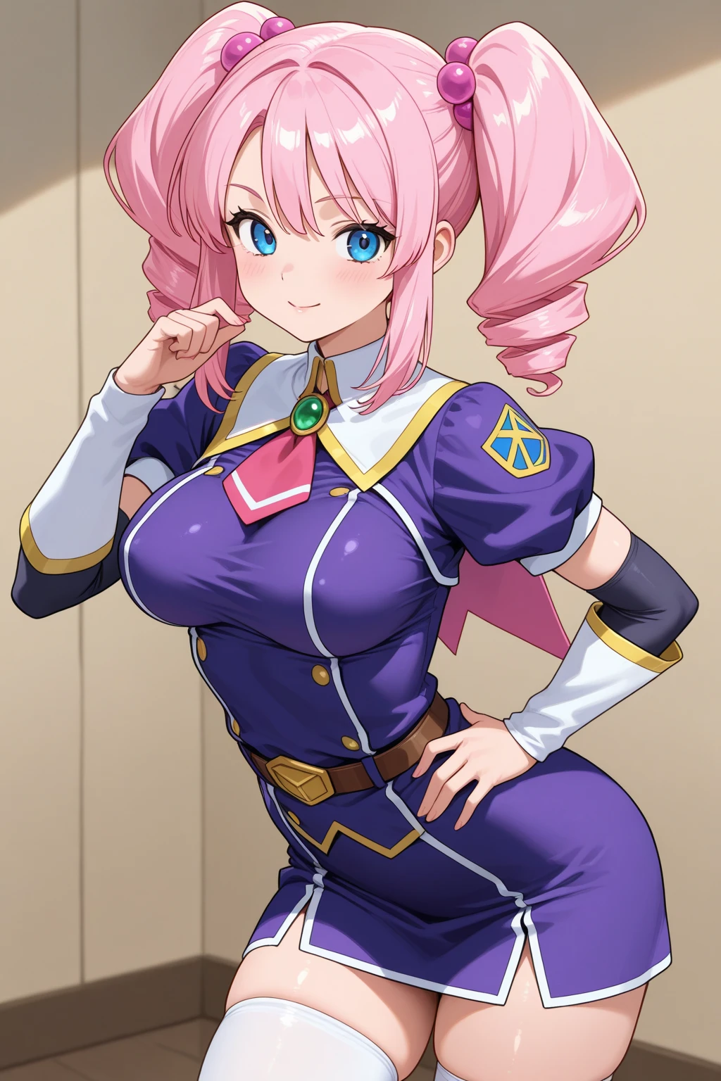 score_9, score_8_up, score_7_up,
1girl, Laura la Mer, pink hair, blue eyes, pink eyebrows, long hair, blue hairband, narrowed eyes, naughty face, blush, face focus, cleavage, huge breast, tongue out, salute, hand on hip, gold earrings, large breasts, jewelry, military cap, (military uniform), (epaulette), jacket, harness, thigh strap, black thigh boots, (pencil skirt), miniskirt,