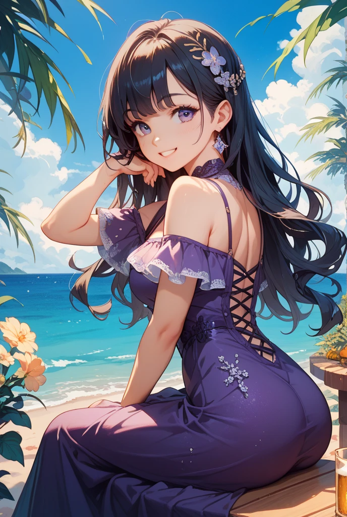 Location in Japan, Anime 1 girl, Brown hair, Eye color at the top is blue to the bottom is slightly purple, Cute face, Slim body, Medium and firm breasts, Slightly messy hair, smooth white skin like Mutia, The sun has set, on the beach, looking at the beach view, raise one hand above your head, wearing a summer dress, Happy smiling, masterpiece, 8k.