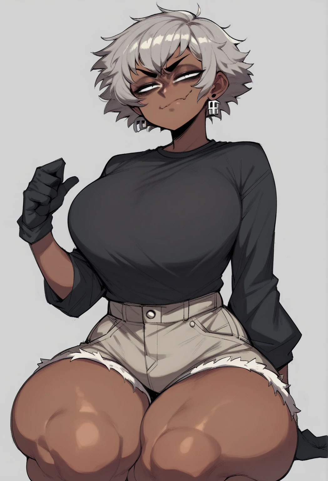 Dark-skinned milf,long white hair and cat ears,big breasts and tank top and leggings,with sweaty clothes
