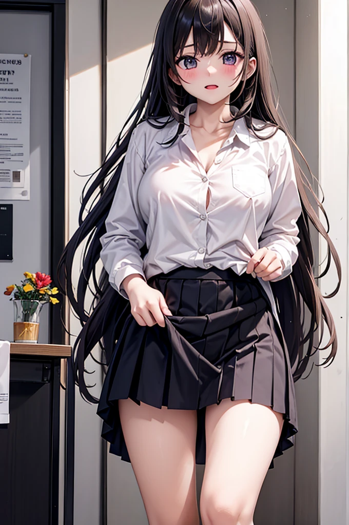 Anime Girls with long black hair and glasses posing in a room, seductive Anime Girls, a hyperRealistic , Beautiful anime school girl, hyperRealistic , Realistic , beautiful Anime Girls squatting, Beautiful and attractive anime teen, attractive Anime Girls, (Anime Girls), the Anime Girls is crouching, beautiful Anime Girls, Anime Girls、I'm not wearing pants、No underwear、full view、