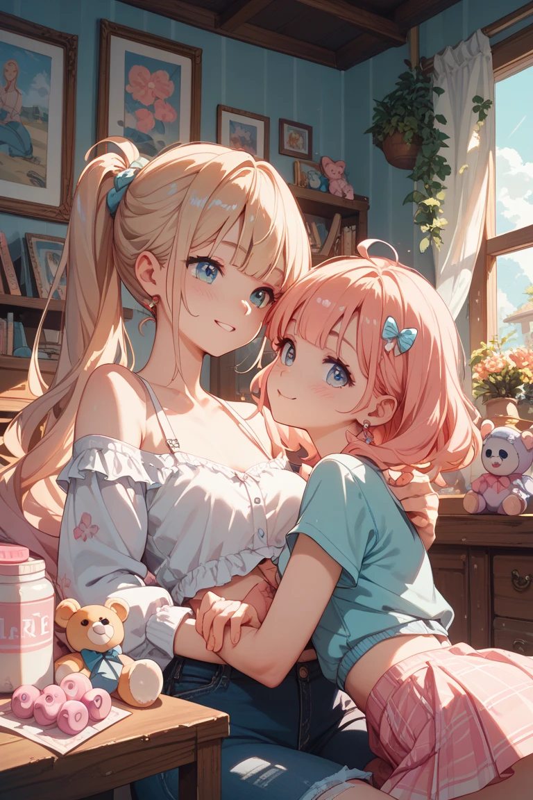  Woman sitting on the sofa with her little daughter ,  smiles warmly while embracing it . The  holding the beloved doll ,  creates a warm and affectionate atmosphere.