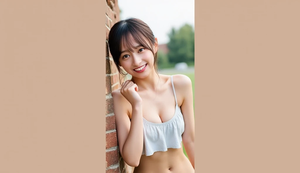 8K, Ultra-high resolution, Highest quality, masterpiece, 三分割法によるphotograph,Surreal, photograph, 1 girl, (16 years old:1.3), pretty girl, Cute face, Beautiful eyes in every detail, 細かくdetailedに,masterpiece,, One Girl:1.2, Japan Female Announcer,whole body、Black Hair、well-groomed eyebrows、Cute Lip Makeup、Urban area,Water Play,summer,Sparkling sunlight,Tank top,Cute gestures、so beautiful,A carefree smile,Healing the heart,blunt bangs,Looking at the audience、beauty,Long neck、Laugh a little、Please close your mouth and laugh、(((Ideal body type))),A-cup small breasts :2,、Portraiture:2、Perfect Anatomy、鮮明なdetailed、detailed、Surreal、Light and shadow,Strong light
