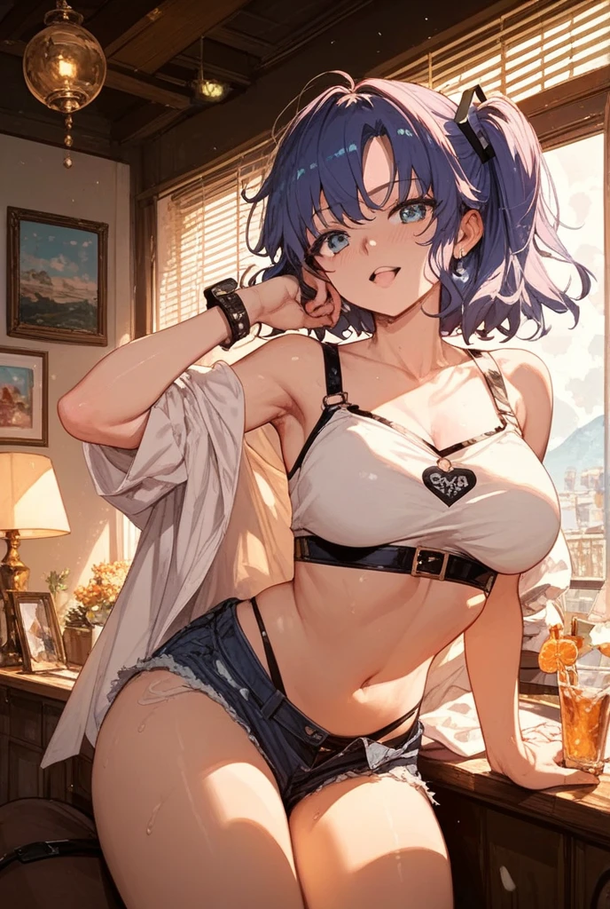 ((8k, Best Quality, Masterpiece: 1.3)), Ultra High Resolution, (One Girl, Alone), (Color Changing Eyes, Super Detailed, Expressive Sparkle, Sparkling, Glowing Eyes), Highly Detailed Eyes, (Purple Short Bob Cut), Her emerald green eyes sparkle provocatively as she poses sexily by the window. She wears a black crop top that shows off her curves and high-waisted leather shorts, showing off her shoulders a little boldly. On her feet, she wears simple strappy heeled sandals, giving her an urban and sophisticated impression. The background is a simple white wall, and the soft natural light coming in through the window brings out her emerald green eyes and gives her hair and skin a beautiful glow. She poses with one hand on the window frame and the other hand brushing her hair up, smiling seductively at the camera. The angle is slightly below, looking up, highlighting her sexiness.