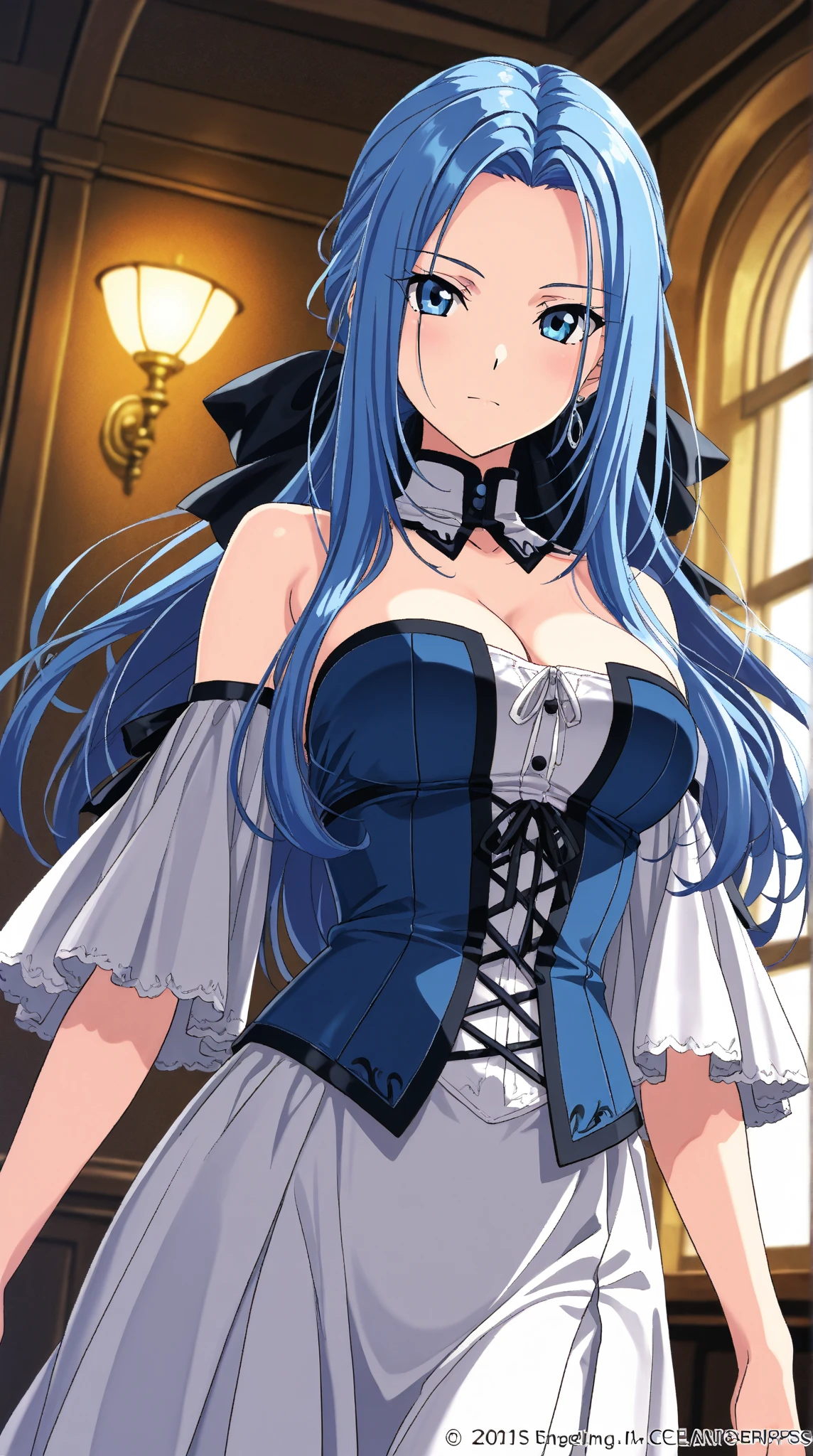 My name is Yukiko.I am a white test woman with long Sky blue hair,red eye color.I am 1.62 cm tall . Dressed in a black corset and a blue short skirt with garter belts and long white stockings .With huge breasts measure 200 cm, waist 40 cm and hips 200 cm.