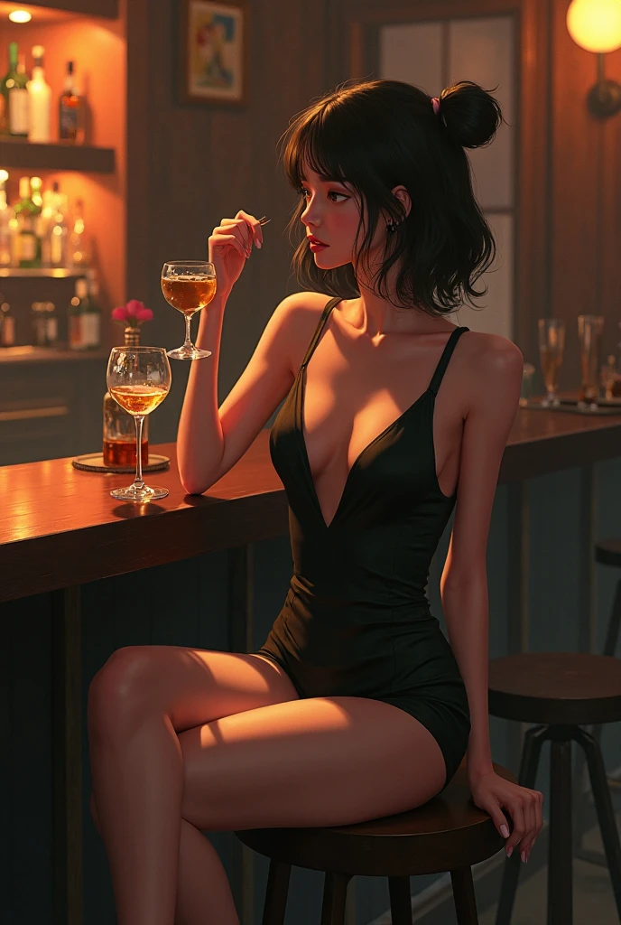 Italian girl with short brown hair, angular chin, sitting at a bar table
