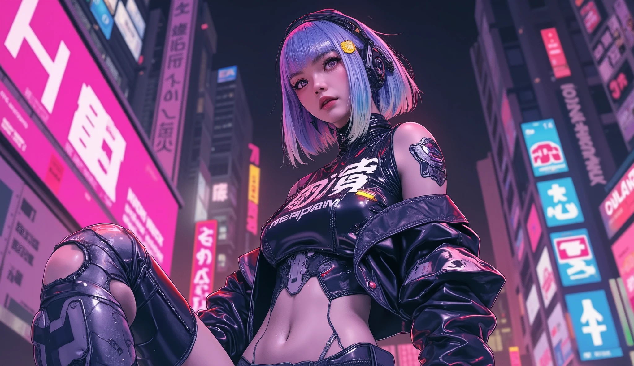 ((Manga artwork cowboy shot) von (perfect Asian cyberpunk girl, wearing detailed Harajuku clothing with company logos))), (((dynamische Pose))), ((LED-Leuchten)), ((Manga-Zeichnung)), ((cinematographic lighting)), ((Chiaroscuro)), warme Farben,  perfect features ,  abstract beauty , nahezu perfekt, Reine Form, Konzeptkunst, intricate detail, 8k-Postproduktion, high resolution, super detail, trending on ArtStation, scharfer Fokus, Studiofotos.