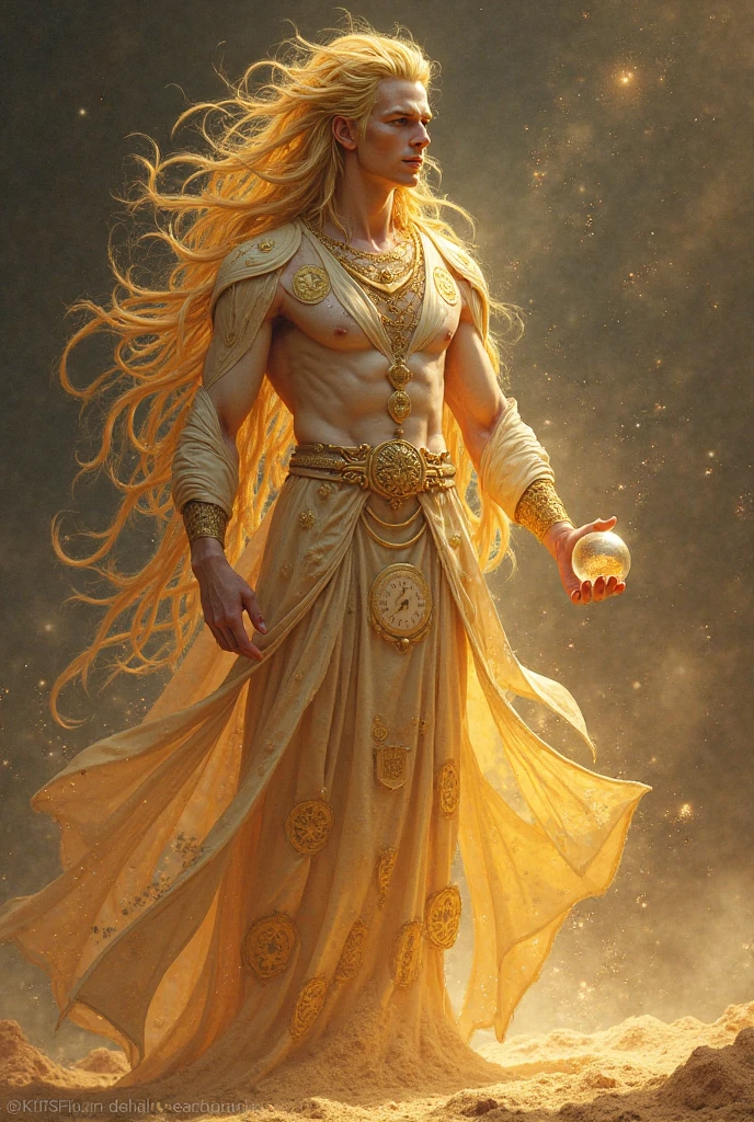 create a male version of these traits are very beautiful beings, has very fair skin, long and slender arms, has long hair that moves like smoke on his head, the eyes are big and black, a thin and very prominent body, They have a very strong aura and you can feel that they are very powerful., Their clothes are golden in tone and in a strange way they seem to dance on their bodies, the clothes stretch across their entire body, passing through their very long legs.