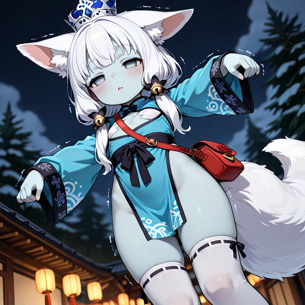 16K Ultra High Definition Top Quality Glamorous Fox Girl Super Big Big Ass Super Detail Super Real Body、One eye is hidden by bangs。White fox ears、Shiny detailed hair texture white and black mesh long beautiful hair sly smile cute fangs and pink tongue.She wears a black hakama with the costume of a shrine priestess.、Wear only white Japan clothes、Performing red strangulation.。Wearing red-rimmed glasses。Nine thick white tails extending from the buttocks Bewitching smoke covering the surroundings The background is a Japanese-style room at night where you can see the moon from the window