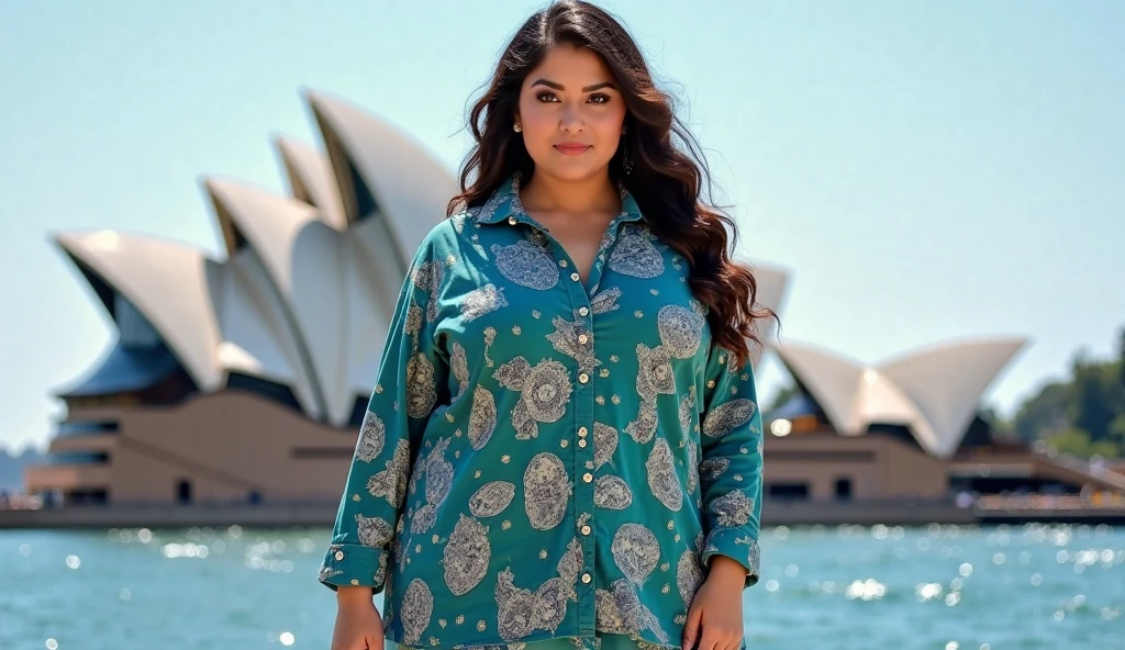beautiful actress sexy curvy plus size huge figure woman in a SHEIN Clasi Marble Print Button Front Long Sleeve sexy Shirt Color: Teal Blue , stylish front facing standing position, full body view, full body shot, head to toe view, Head Jewelry for wedding, thick thighs, busty, , full body shot, round belly, full body view, full body shot, thick body, head to toe view, Sydney Opera House, Australia: Modern architecture with harbor views