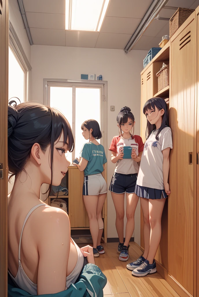 Highest quality,masterpiece,An idol group made up of high school girls,Completely naked,Nipples,Black Hair,A good friend,Behind-the-scenes shots from a nude photoshoot,pubic hair,A photography studio in a classroom,chatting,Slender