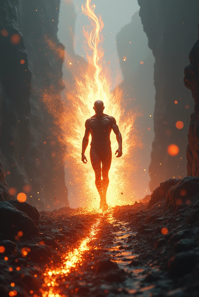 A man with fiery features, with a supernatural appearance, embodying a spirit of fire. Her skin has a warm, almost burning hue, and her hair is dancing, crackling flames of orange and red undertones. His eyes shine with an intense glow, like glowing embers, and his gaze is piercing and energetic. He wears a light, flowing outfit, made of molten lava-like fabric, which ripples and emits heat. On the move, he leaves behind him a trail of