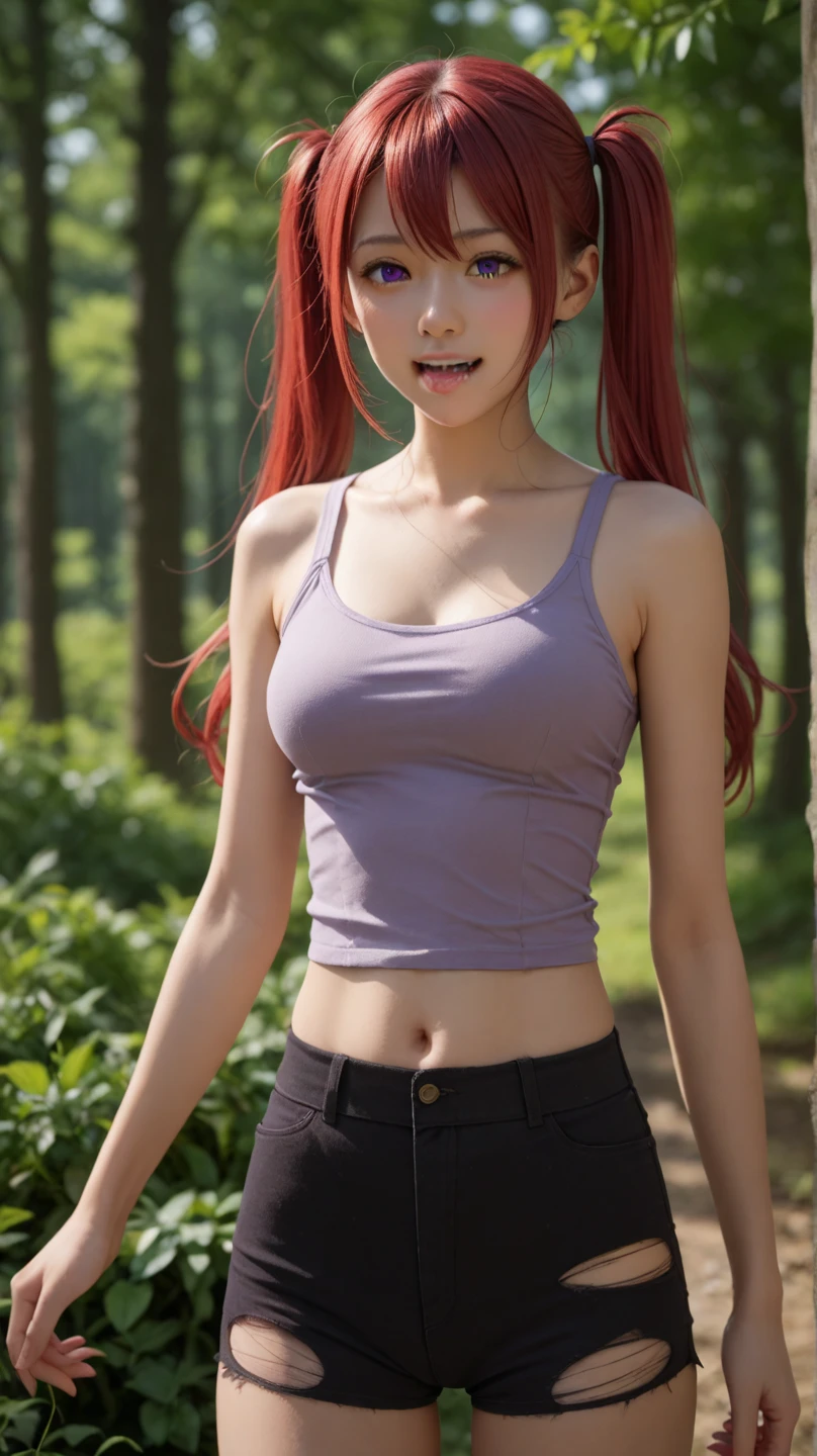 masterpiece, best quality, (realistic,photo-realistic:1.4), (RAW photo:1.2), extremely detailed CG unity 8k wallpaper, delicate and beautiful, amazing,finely detail, official art, absurdres, incredibly absurdres, huge filesize, ultra-detailed,extremely detailed eyes and face,light on face,(little smile),eris boreas greyart (red hair:1.4),(long hair:1.4),(nature background:1.4),(wearing sports bra:1.4),(wearing white hairband:1.4),(red eyes:1.5)