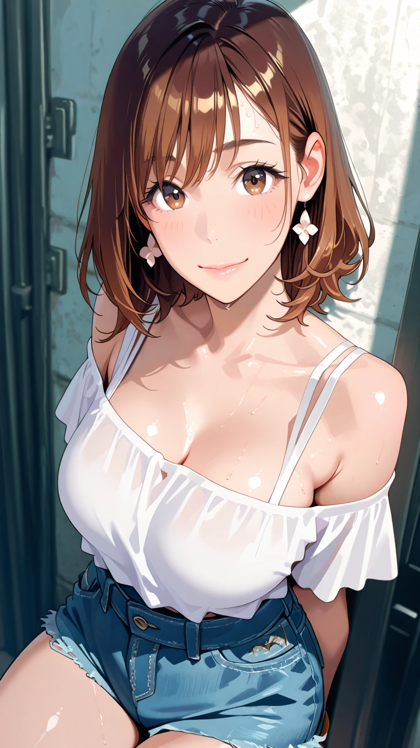 (8K, ultra high resolution, 多彩な色彩、A masterpiece of the highest quality, professional detailed wallpaper, Ultimate Highly Detailed Everything, anime images, game cg),perfect human body、detailed face、detailed eyes), 1girl,dark skin,short hair,white shirt,cleavage,blonde hair,smirk,choker,pleated skirt,thighhighs、background bedroom , detailed background、detailed person、background bokeh、shadow、dark toilet、dark、lights out、shadow、Stains on the walls、Dark and dirty private toilet、dirty toilet、public toilet、official art、full CG、high quality、high resolution、8k, high vision、detailed、clear、live-action、(dripping sweat、oil skin,sparkling skin、realistic skin texture、detailed beautiful skin、shiny skin、shiny skin),