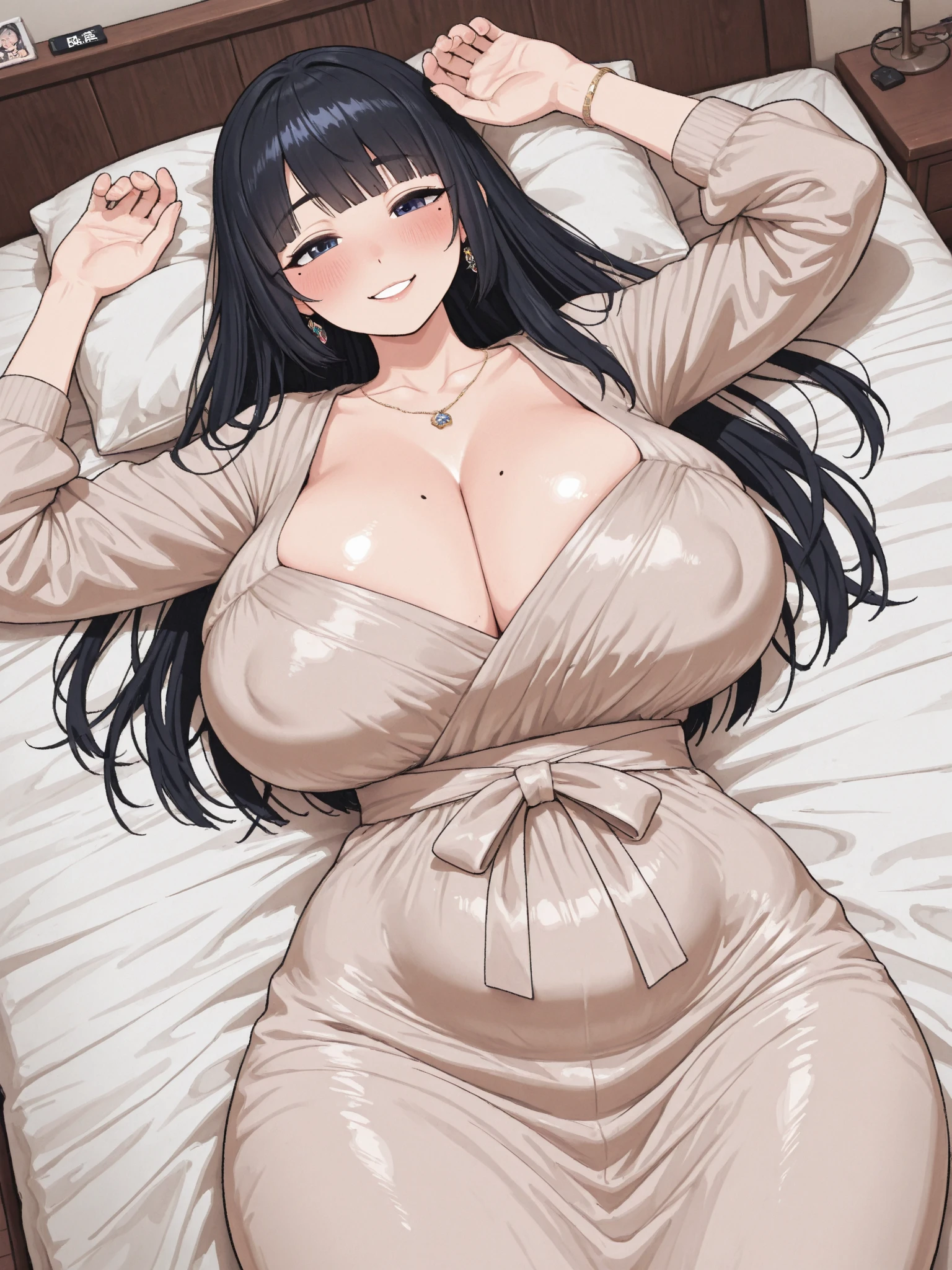 (((Beautiful, masutepiece, Best Quality, ultra-detailliert,))) 1 adult woman,Pregnant,((nude,coat,Long hair,))twin drills,Black hair,Hair Ribbon,Smile,smile shy, Huge breasts,Open mouth,sitting,wariza