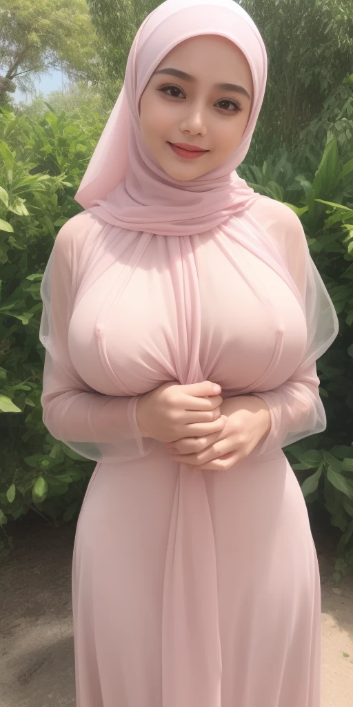 masterpiece, (ultra-high-definition portrait:1.4), Realistic, extremely detailed, CG unified, 8k, Clean lines, highly detailed, High-definition, raw color photos, she is smiling, Realistic portrait, Cinematic Light, Beautiful detailed, 1hijabgirl (indonesian:1.5), (165cm tall, big breasts with very very tight clothes:1.5), Beautiful big breasts, breasts details, very tight, (Biggorgeous eyes, Soft smile with lovely look:1.5), (Horny Face, gigantic breast:1.4), Close up of a girl in Beautiful clothes with errcted nipple, biggorgeous eyes, Soft smile, scarf, (Beautiful Tight Clothing with curvaceous body:2), pose 4 of 1 6, Undress, No bra, (nipples that are clearly sticking out detail:1.2), Outdoors, high intricate detailed, float, cum on, Sense of truth, beautiful landscape forest, sexy lighting,