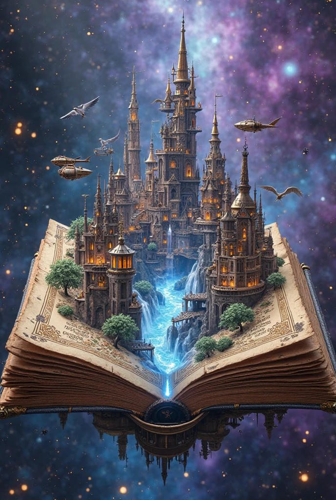 Ancient magical tome revealing a living miniature city within its pages ...