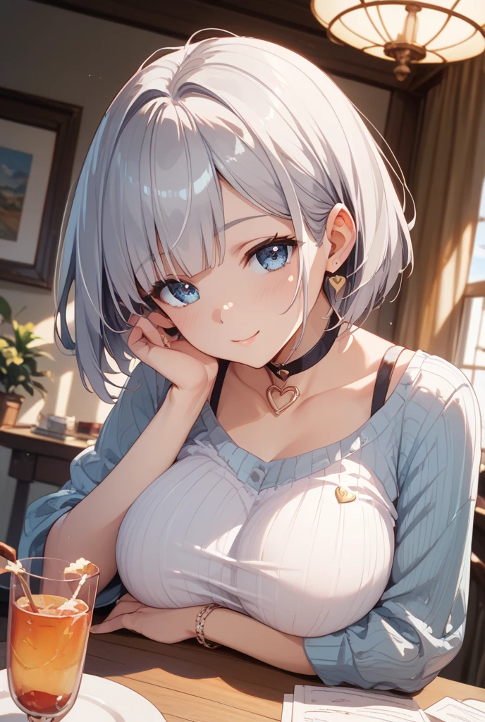 (High quality, High resolution, Fine details), BREAK (White off-shoulder sweater), solo, curvy women, BREAK white hair, sparkling eyes, (Detailed eyes:1.2), smile, blush, Sweat, Oily skin, shallow depth of field