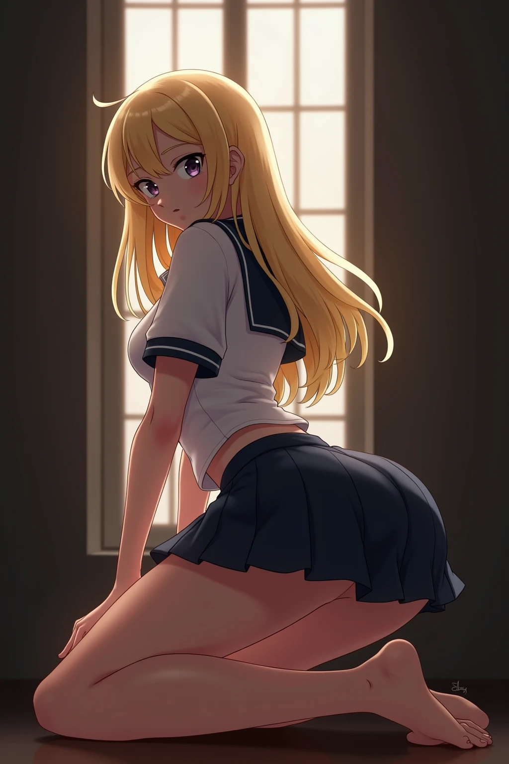 <lora:okina-20:1>from behind, looking back, smirk, outdoors, dark skin, blonde hair, messy hair, school uniform, masterpiece, best quality, <lora:skirtlift:1>skirtlift