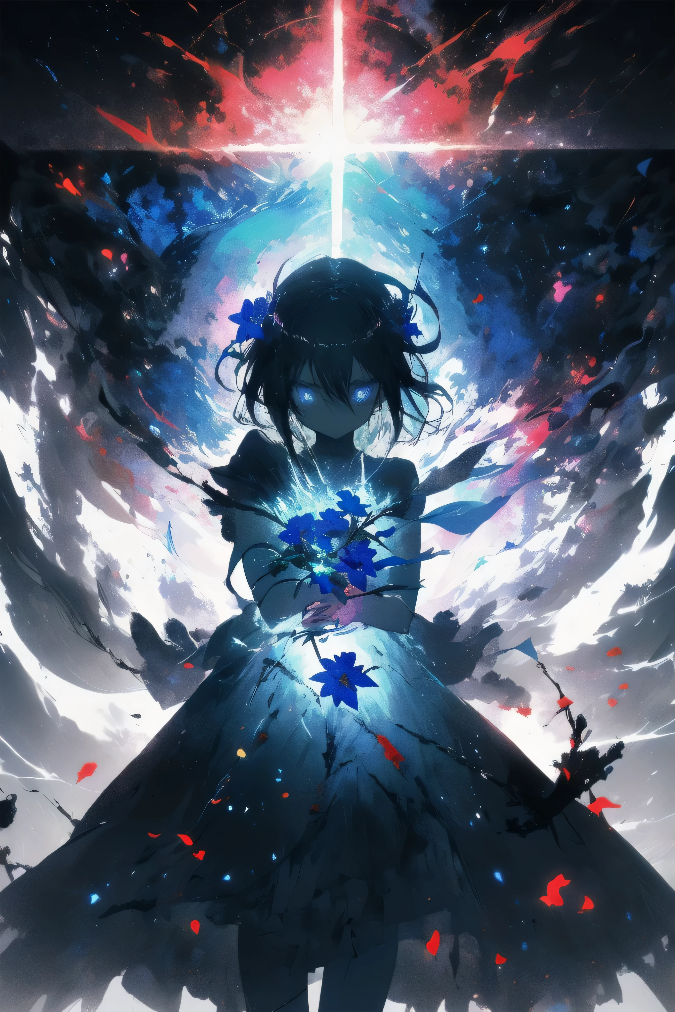 masterpiece, Concept Art, Panorama, in the center, shape, Wide Shot, garden, night, (meteor), Space galaxy background, (Great composition, Epic Scale), Dynamic Lighting, Bright colors, Blue rose,Landscape Long Eyelashes, Round eyes, Silver Hair, Half-closed eyes, sad, Cast a Shadow, Anaglyph, Stereogram, tachi-e, Atmospheric perspective, Wide Shot, reflected light, 8K, Super detailed, Highest quality, Anatomically correct