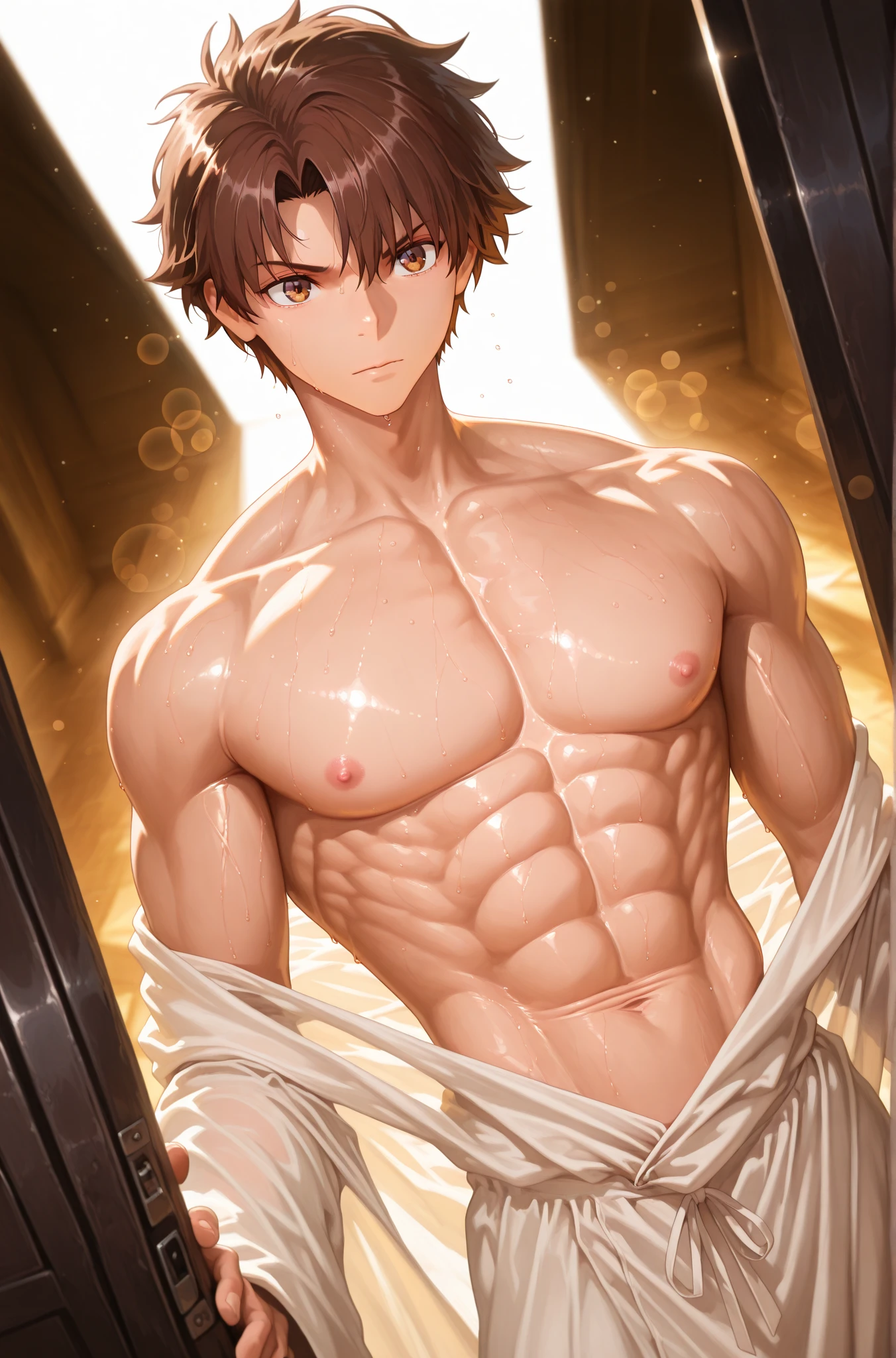 (masterpiece, Highest quality),juvenileの全身,(juvenile),teenager face,body tilt,Delicate large eyes,Open your eyes,Smooth and delicate skin,Short face,Surprised expression,childhood,likeい年齢,Detailed painted face,Complex,naked,Bright colors,(Depth of written boundary:1.2),Raised to be sexy, Restrained arms,like々Shii, Imminent sexual activity, Black Thong, Femboy, 上半身naked, Blushing, Nervous, Intimate lighting, Black leather collar, slave, Longing for, Lewd, Dramatic lighting, Dark Light Brown Hair Black Hair Green Eyes Very big eyes Slim body Skinny body Narrow shoulders