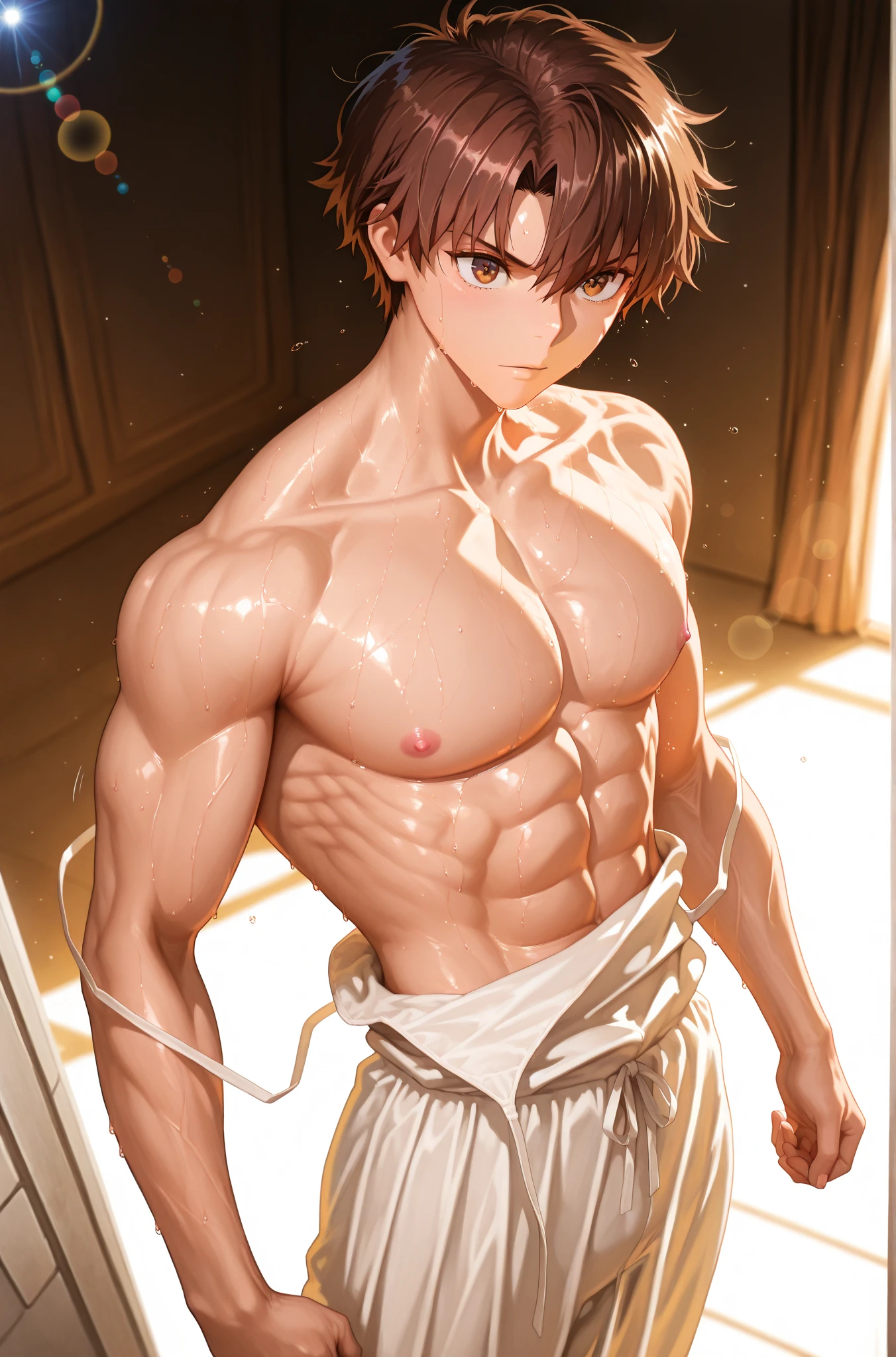 high quality, detailed, (22 years old japanese bulky idol boy), (detailed black eyes), (black short hair), (abs:1.5), (shiny skin:1.3), black tiny thong, bulge,(detailed nipples), dungeon, (best quality,4k,8k,highres,masterpiece:1.2),(realistic,photorealistic,photo-realistic:1.37),