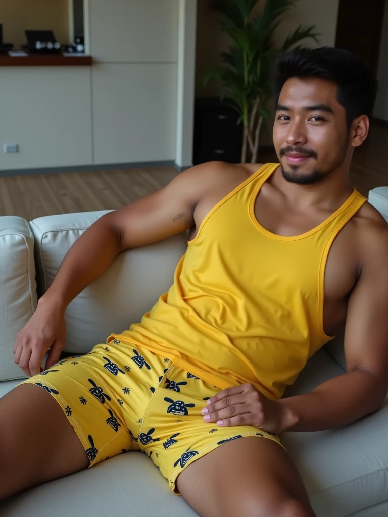A handsome muscular Filipino man ,no shirt,wearing bikini  Men's underwear sitting on the toilet in a very small, cramped airplane bathroom, he is wearing an airline captains uniform and smoking a cigarette, there is an open newspaper resting on his legs, beer bottles are sitting on every surface including the narrow counter next to the sink, His right hand is holding a beer bottle.In the artistic style of Norman Rockwell.