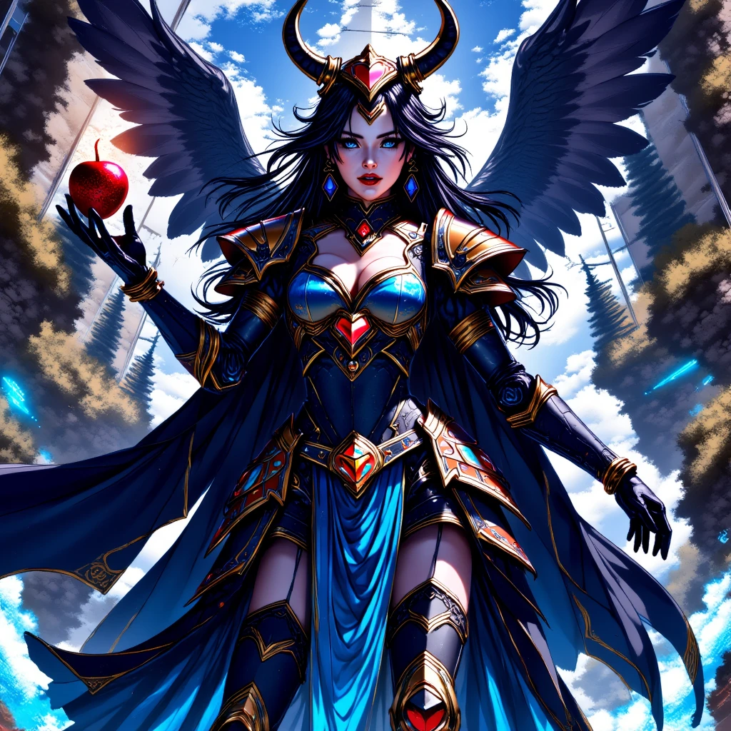 Empress of the Demon World、Young and beautiful、((A gorgeous blue and crimson outfit))、Sharp Eyes、Blue Eyes、((The eagle&#39;s wings spread wide))、Purple wavy hair、A mysterious light shines in the darkness、Surreal、High definition