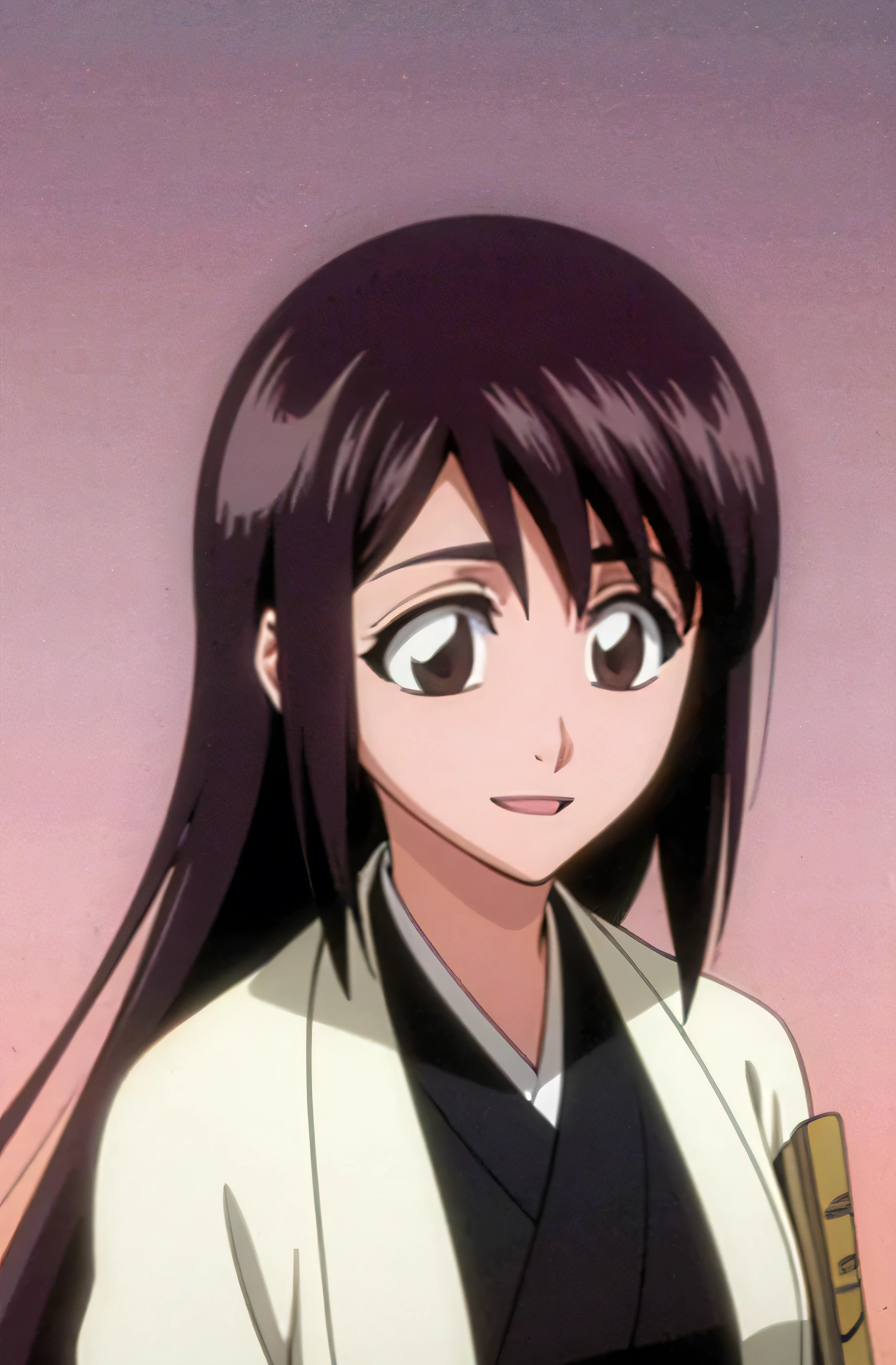 masterpiece, Highest quality , one girl from the side , romantic love , black hair, single ,straight long hair, Vancouver, brown eyes, kimono, white sleeveless coat ,Captain's coat without white sleeves, black kimono , smile, alone, I'm looking for , simple background ,