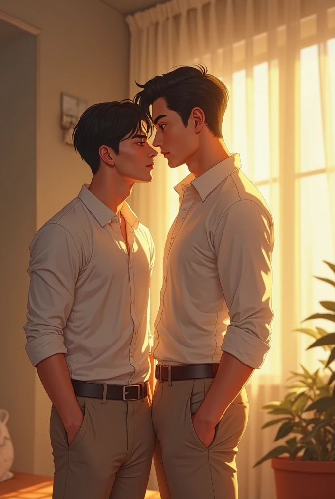 8k, detailed, ART digital , style anime, 2boys, two young people in a loving moment, kissing, Koreans, Both are wearing a white dress shirt and blue dress pants, the boy who is sitting on the other's lap has his hand on his face, both on the couch.