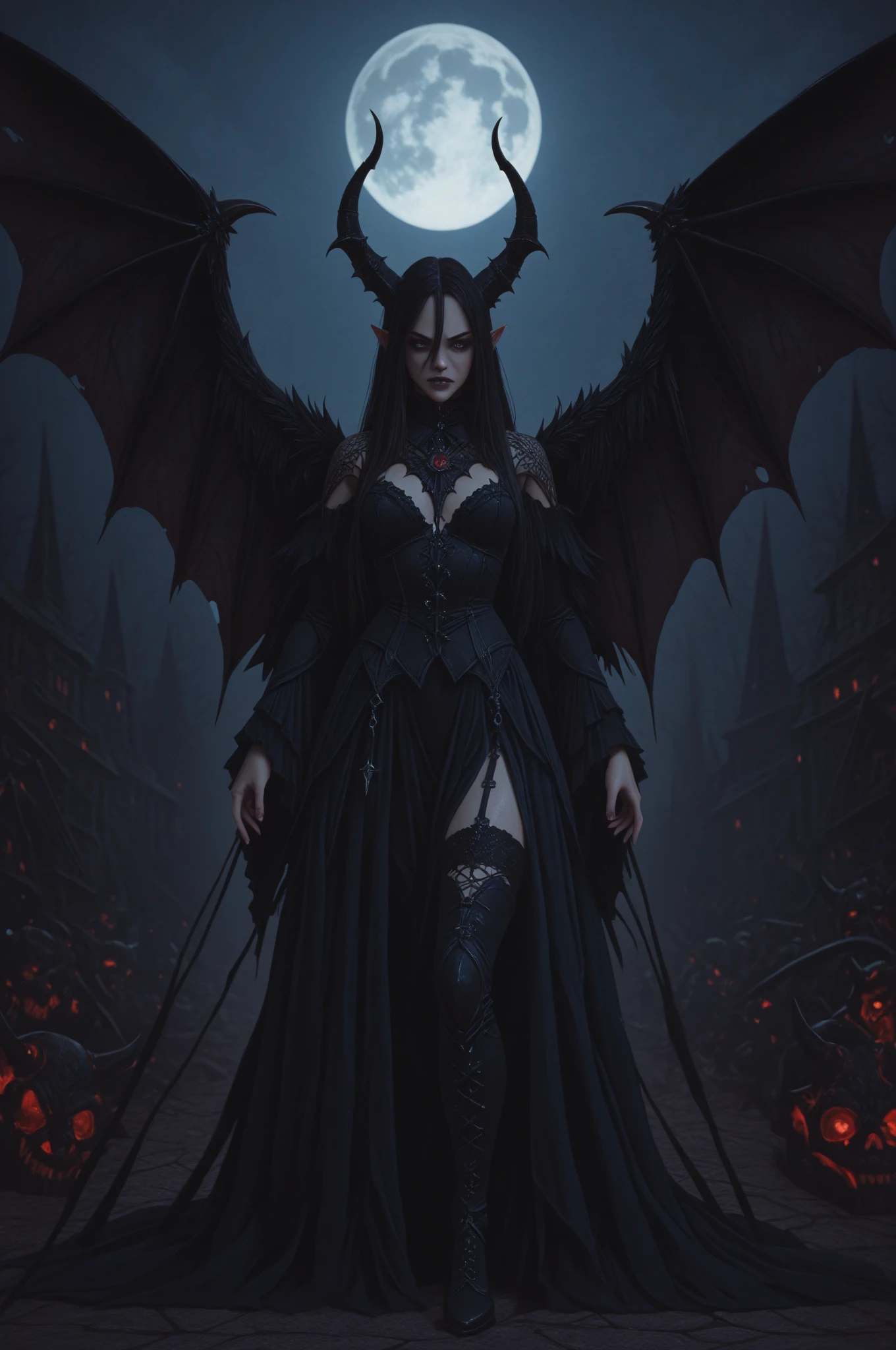 (best quality,4k,8k,highres,masterpiece:1.2),ultra-detailed,(realistic,photorealistic,photo-realistic:1.37),hot thicc succubus mama with long black hair, intense black lips, wearing a revealing black leather outfit adorned with BDSM elements. Her attire consists of a seductive bustier, accentuating her voluptuous figure. Her skin is a captivating shade of fiery red, exuding a demonic allure. Elegantly sprouting from her back are a pair of majestic demon wings, exquisitely detailed with intricate patterns. Atop her head, she possesses mesmerizing tiefling horns, exemplifying her otherworldly presence. The artwork should capture her enticing aura, showcasing her confidence and power. The light in the scene should emphasize the seductive curves of her body, casting dramatic shadows and highlights. The color palette should evoke a sense of darkness and desire, with rich contrasting tones of black, red, and deep maroons.