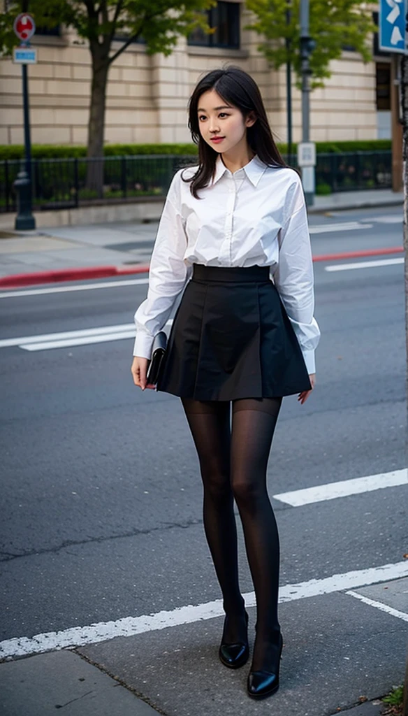wavy and long hair,heavy makeups,Redlip,white skinned,mature, legs long,The whole body can be seen,Skin color pantyhose,On the bustling streets,Have a well-proportioned figure,Tight black short sleeves,legs long,Very short pleated skirt,high-heels