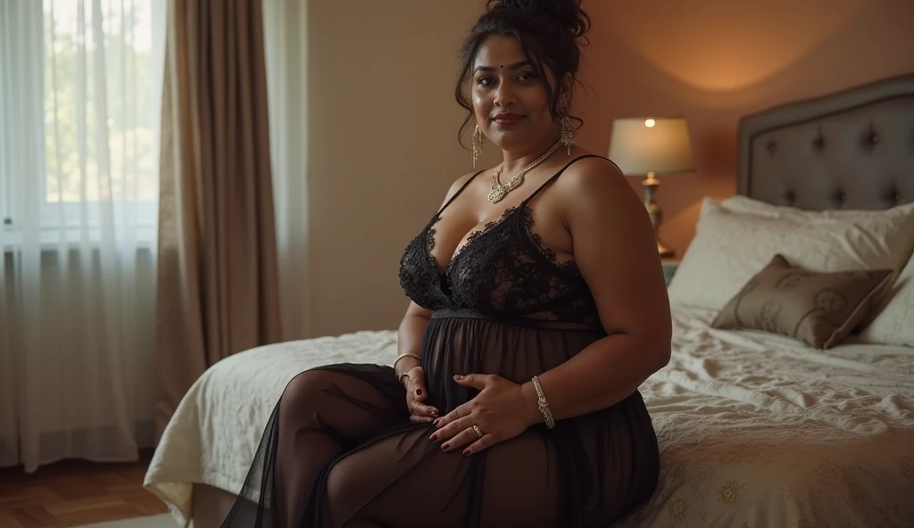 a beautiful gorgeous plump Indian 45-year-old woman dancing on a bed with sunlight from window and a bindi on her forehead and a happy expression and a cozy room with cushions and festive fairy lights