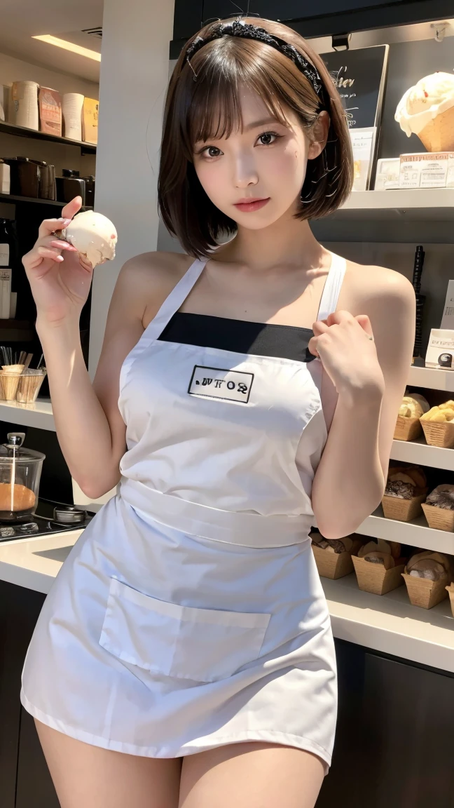 (In 8K、Highest quality、masterpiece:1.2)、(Realistic、Photorealistic:1.2)、A woman is cooking, Cute Face(naked_apron:1.3), Good move,4K, High resolution, masterpiece, Highest quality, head:1.3,((Hasselblad Photography)), Detailed skin, hand up to head back, Sharp focus, (Cinema Lighting), Soft lighting, Dynamic Angle, [:(Detailed face:1.2):0.2], Large Breasts, Sweaty skin:1.2, (((Inside the kitchen)))