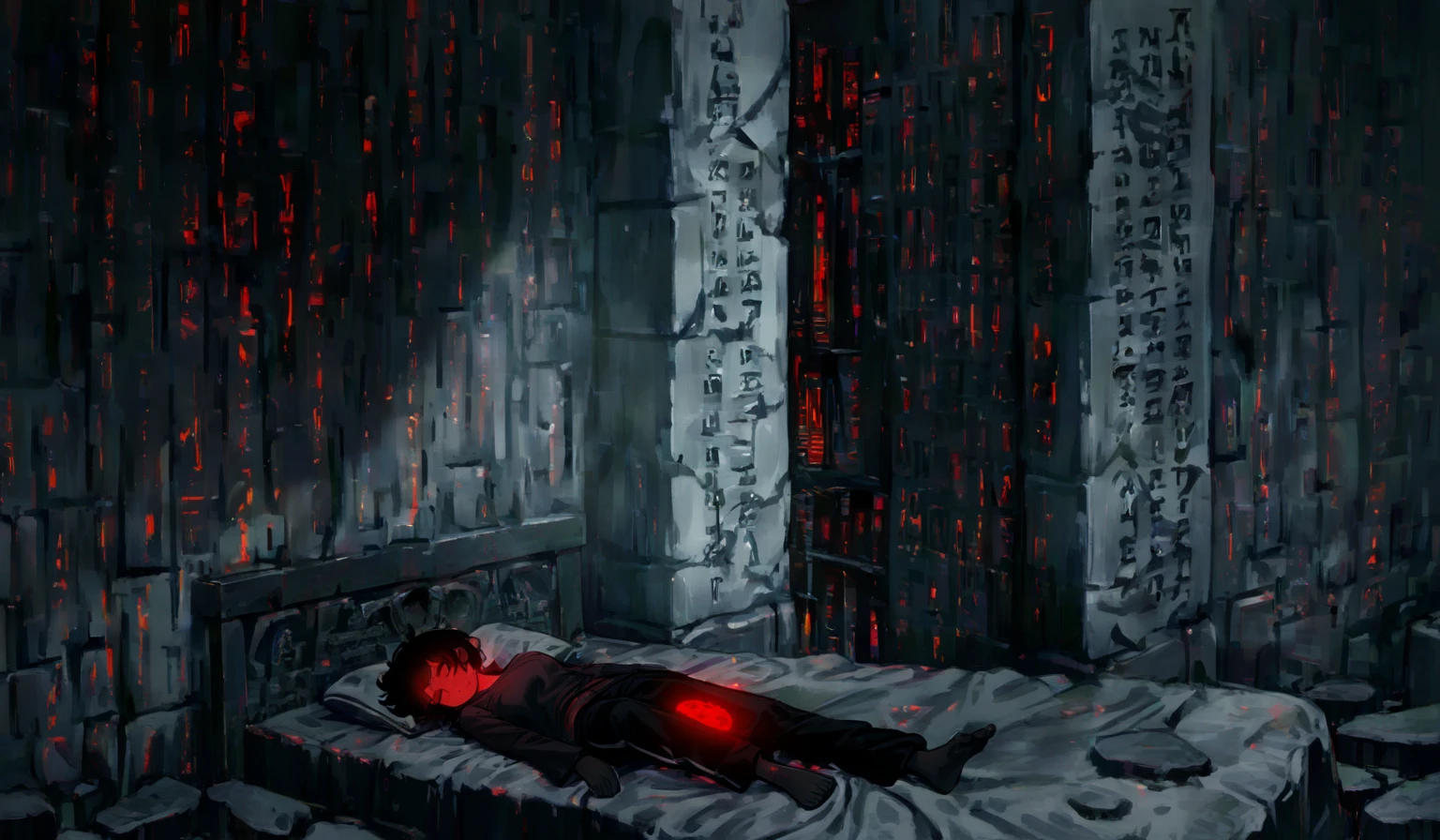 Dead nurse on hospital floor bombarded blood by the walls and dripping down the ceiling, next to the woman's body a dog made of bones devouring her flesh , war, horror, cosmic terror, dark tones, morbid atmosphere, nuclear disaster, dystopia, catastrophe, mysticism, occultism, creepy, nightmare, blood, Apocalypse, Lovecraft, Anime by Kilian Eng