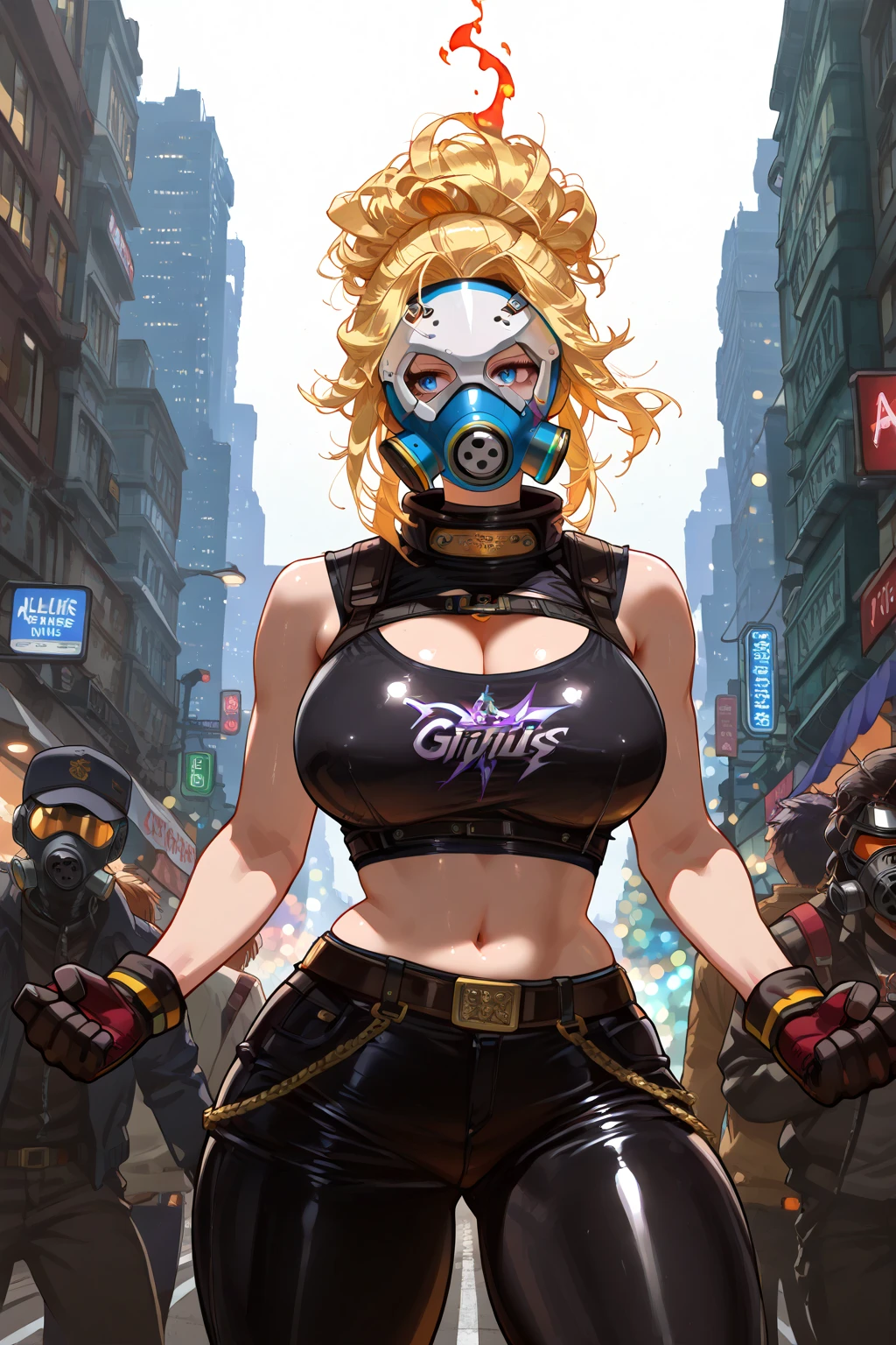 DoctrineDark,blonde hair,blue eyes,muscular,short hair, shooked,
DDArmor, gas mask,fingerless gloves, swat vest,fishnets, topless, cleavage,
night, standing, upper body, solo, standing, street,
(insanely detailed, beautiful detailed face, masterpiece, best quality)
<lora:DoctrineDark:0.8>