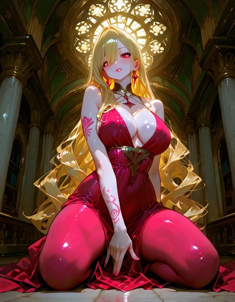 (tmasterpiece, Better quality), 1 woman, Alone, (White oil, Greasy body), The halo, hor ears, Elves, blond hairbl, Loose waves, red eyes, (long dragon, Brother Akutami Art, Zzislaw Beksinski, Darius Zawatzki, Giger), Plump, Not the