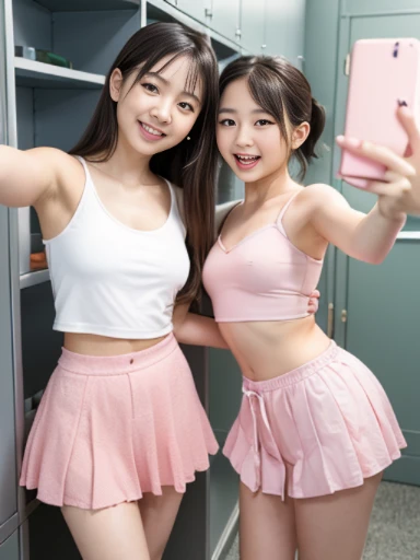 Wearing a pink JK plaid skirt,Junior high school student wearing only a white bra
