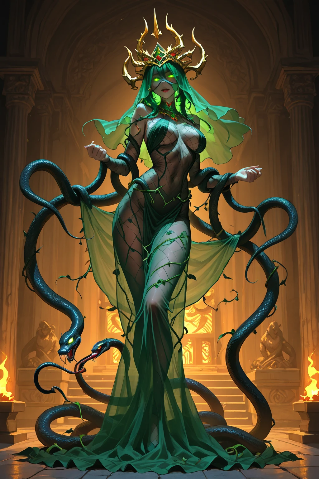 ((medusa)), ((O cabelo cacheado, dourados vestido grego curto)), (olhos verdes da cobra), face feminina, Rosto alto e detalhado, olhos altamente detalhados,16k, Foto RAW, melhor qualidade, master part, Foto colorida RAW de alto detalhe, dramatic lighting, Cinematic lighting, nsfw her eyes shut close, mouth with eye clothes, strong sex appeal