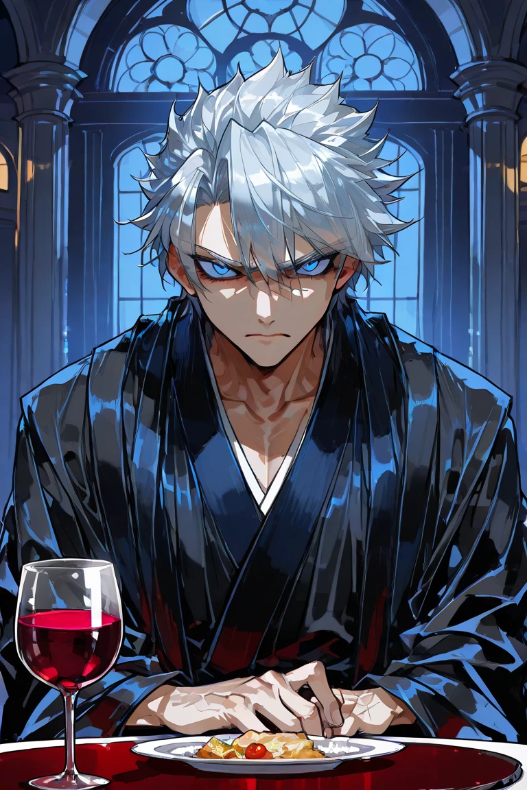 1 young boy, male focus, details Intricate, 1 men, bonitas, White hair, vibrant green eyes, slim muscles, アニメ, 19yearsold, 19 years, a small goatee, kimono de Shinigami, Shinigami, bleach style, bleach, regatta, kimono, bleach, bleach style, copo, glass in hand, drinking, drinking whisky, whisky