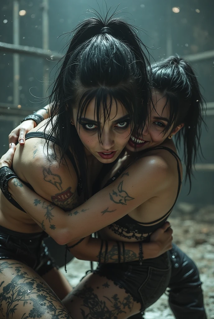 (((red dripping blood))), Her full body is shown giving a Blowjob, She is sucking on a man's penis, she is biting into a man's penis with her sharp fangs intense, super slutty,, POV imamate insertion, (skintight slutty and revealing bodysuit), helpless and at a giantesses mercy ,the 2 women are looking down at you at their feet, ((POV from a Giantess's soon to be human dildo)), ((skirt/pantyhose)), perfect legs and skinny thighs, pantyhose, ((perfect tight ass)), tight wet pussy, giantess, dread, impending death, sex, domination, ((Perfect eyes and face)), ((closed wet full lips)), ((perfect hands and fingers)), ((( a lot of white cum is dripping out of her pussy))), ((she has a skinny and toned strong body)), ((makeup)), ((freckles)), ((perfect eyebrows)), ((sharper edges)), ((perfect scary grey eyes)), perfect intimidating face, slut, sadistic, predatory, better detail on her skin, perfect face and strong jawline, perfect full wet lips, sadistic atmosphere, wet sweaty skin, more detail, beautiful intimidating grey eyes, ((beautiful horror)), better lighting, more toned muscles, perfect detail on her intimidating eyes, very tight underwear, ((tight pussy)), (((tighter clothing))), slutty, intense, perfect detail, tight and sexy, ((piercings)), better detail on her bellybutton, skinny, skinny and strong, more skin showing, intense, slutty, freckles, long skinny perfect legs, scary and intense, she is a skinny and toned 25 year old sexy and perfect and intimidating Japanese/American skinny/tone futuristic evil retribuition alice, pale white skin, eye contact, (full tall body is shown), (((hair with short ponytails and bangs))), , perfect face and eyes, she has a skinny and athletic body wearing pantyhose, only her full body is shown above the viewer looking down at him, perfect face, perfect strong jawline, perfect lips, best resolution, perfect bone structure, femdom, she has a skinny and toned young perfect body and legs, tight stockings and garter belt, looking do