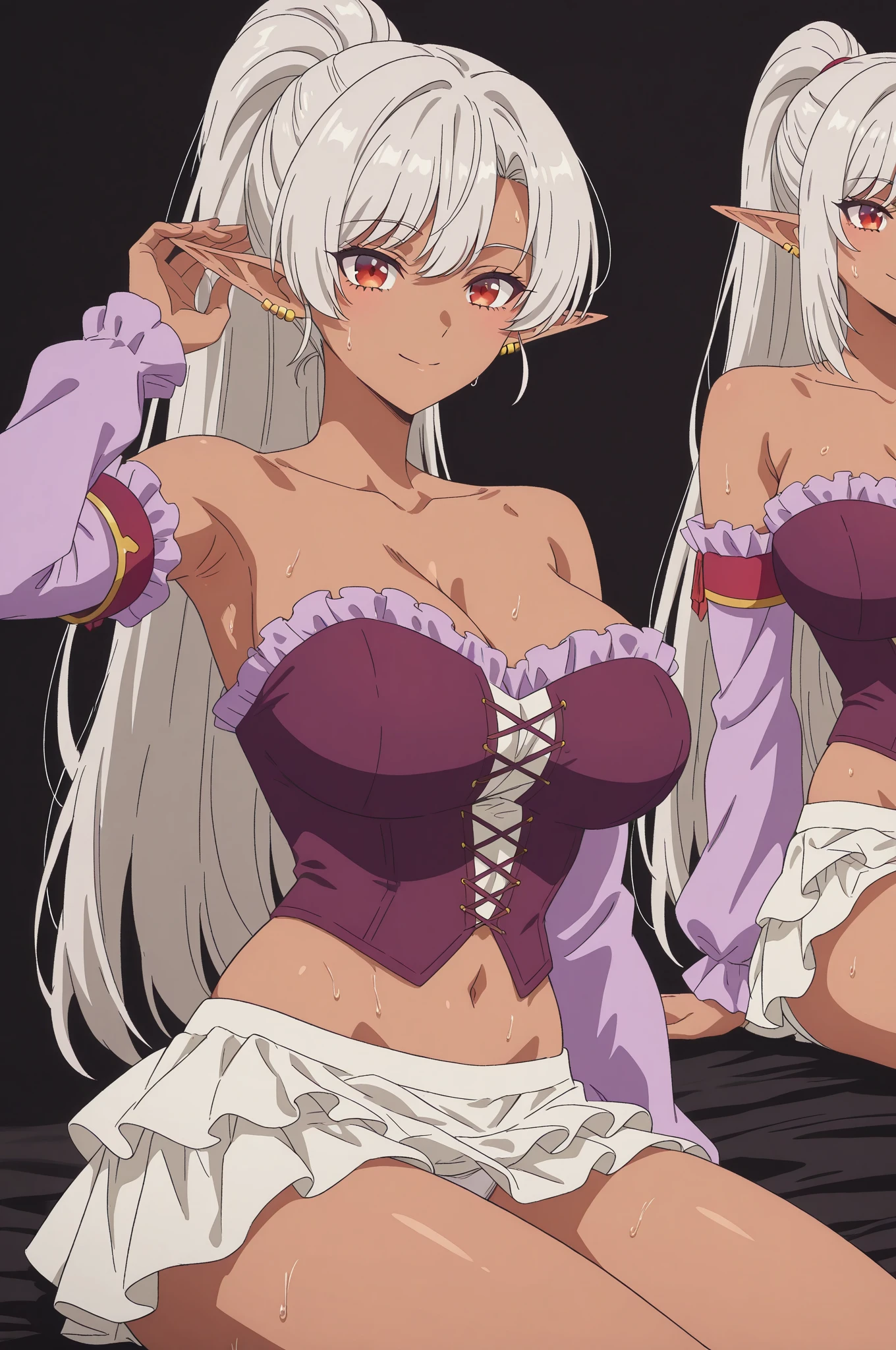 anime art style, 2d, masterpiece, best quality, very aesthetic, absurdres, dynamic shadows, atmosferic, frieren, (1girl), (grey hair), long hair, twintails, pointy ears, green eyes, eyeslashes, detailed eyes, ahoge, bangs, medium breasts, makeup, intense blush, sexy smile, sweat, white dress, belt, choker, strapless, off shoulder, short sleeves, (cowboy shot), (hands pushing breasts up), looking at viewer, from below, standing, wooden wall, window, clouds, sky, city