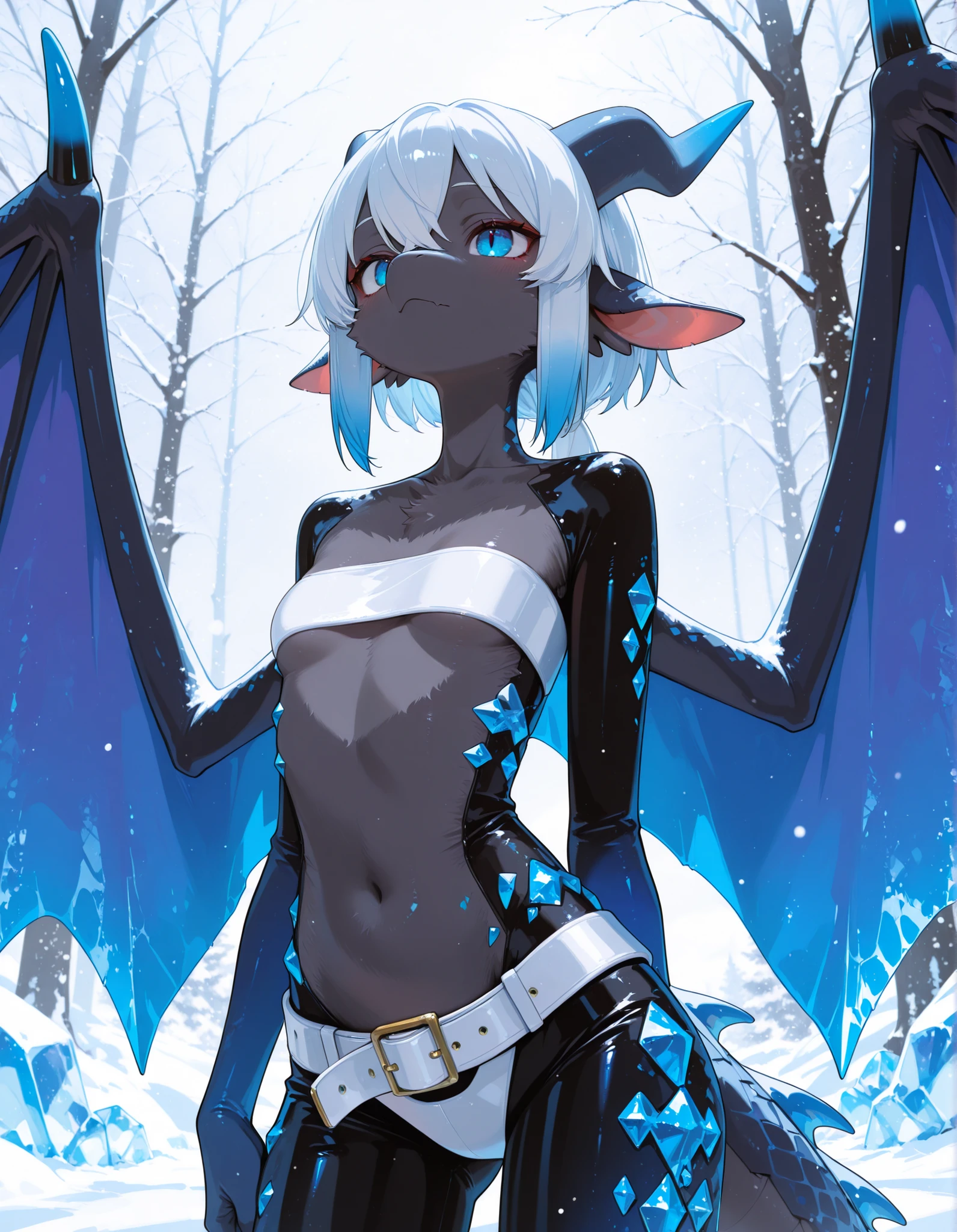 furry dragon, kemono, hips, flat breasts, winter, ice texture, belt bra, white belt, dark gradient, dragon ears, dragon wings