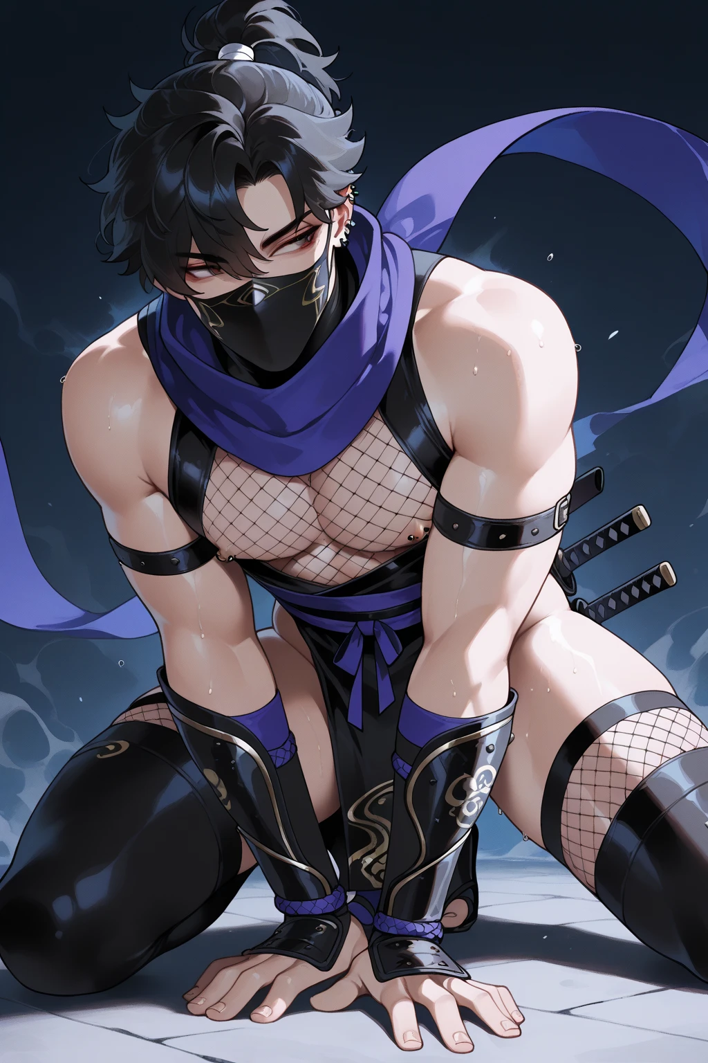 Male arab warrior, medivial, black balaclava, black bandage, black clothes, thin waist, skinny body, makeup, black eyeliner, femboy, choker, light skin, sleepy eye, half open eyes, black pants, white long bandage gloves 