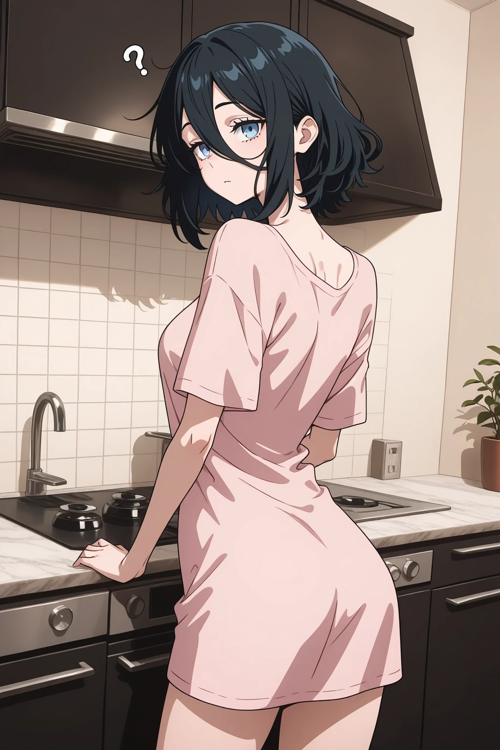 masterpiece, best quality,1girl, ((young girl)), shiny skin, (thin waist), ((curvy)), ((wide hips)), ((small size)), hot, soft natural lighting, reflections, bright illuminations, upper body, back naked, big long black hair, tomoko, sexy, slim figure, Detailed green eyes, Detailed face, Detailed eyes, tomoko kuroki, watamote, (((back view)))