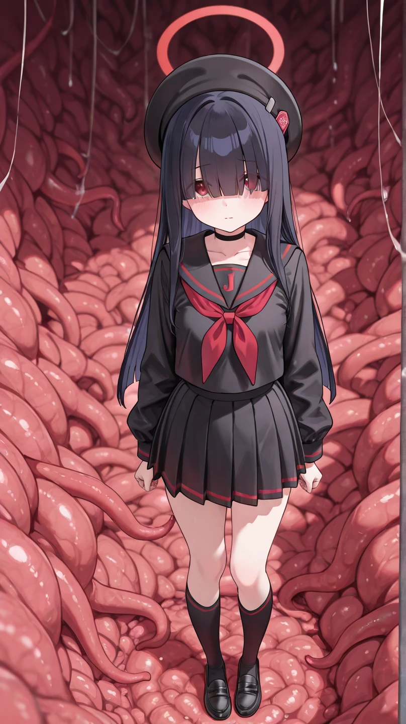 Tentacles,Vaginal insertion,Tentacles挿入,Completely naked,One Woman,Hime cut,Deformed Character,Completely nakedで校庭に立つ女性,Japanese schoolgirl,loose socks,loafers,Long scarf,4 heads,Flat Chest