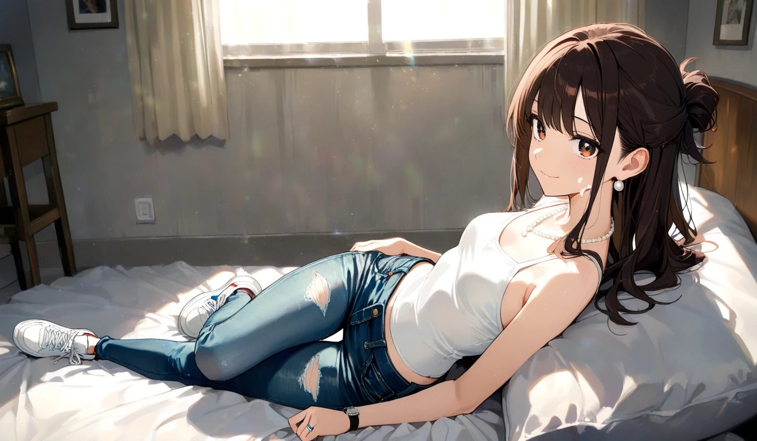 #1boy、#takagisan.#Takagi-san、#masterpiece、#highest quality、8k、#first person perspective、#Viewer's perspective、on the bed、straddle、M-shaped spread legs、spread your legs、stick out your butt、Semen dripping from pussy、#night、#The curtains are closed、#dark、#薄dark照明、#shorts、I can see panties、