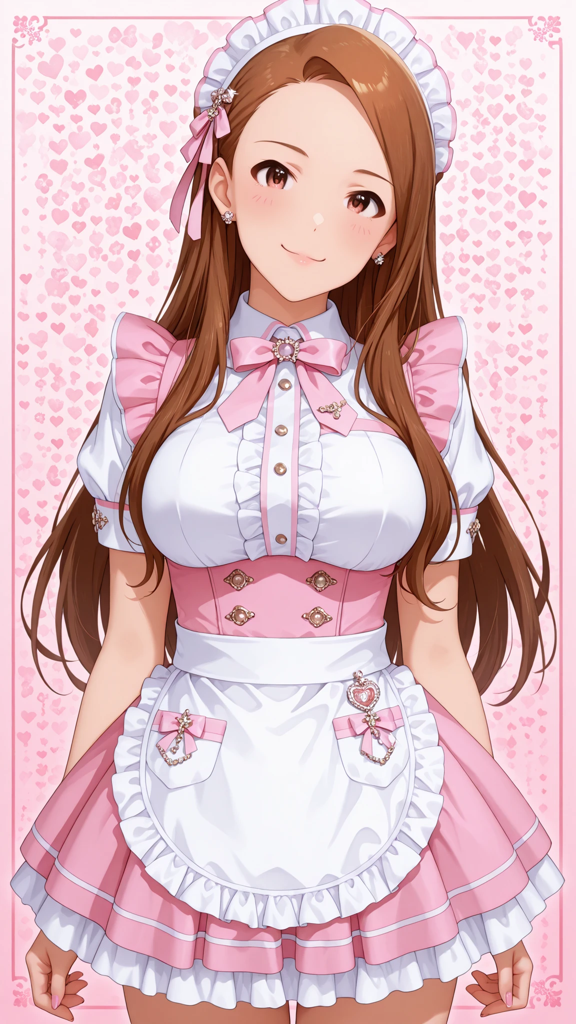1girl , solo , Iori Mizuase(The Idolmaster)、 has a wide forehead、Tsundere character、Kugyū、beautiful brown hair 、charming brown hair、brown hair Sarah Sarah long hair、cute short woman、Brown Eyes 、brown eyes、美しいbrown eyes 、Very Very Very Very Large Breasts(big big boobs:99. 9)Pink and White Maid Outfit Costume、 Pink and White Silk Maid Outfit ,sexy maid clothes、pink miniskirt、 Blink , summer、viewer、 long brown hair , beautiful girl,秋葉原のメイドHospital、indoor、 noon、Hospital、Hospitalの中、smile、満面のsmile、恋人に見せるsmile 、 I love you 、Blink、embarrassing