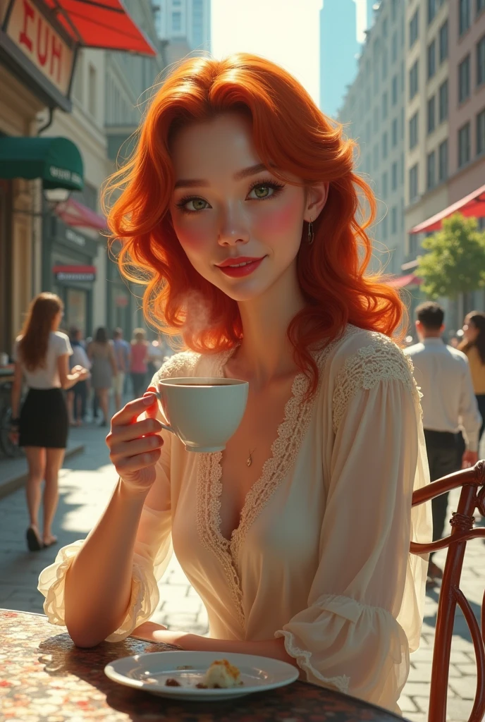 Une femme rousse, au charme indéniable, est assise à la terrasse d’un café parisien pittoresque. Ses cheveux flamboyants, légèrement ondulés, captent la lumière douce du matin, créant un contraste saisissant avec l’élégance des rues pavées de Paris. Elle porte une robe élégante verte, ajoutant une touche chic et intemporelle à son style. Devant elle, une tasse de café fumant repose sur une table en fer forgé. Ses yeux contemplent tranquillement le paysage parisien, une rue animée, en arrière-plan, reflétant une expression de sérénité et de contentement. Ses lèvres esquissent un léger sourire, comme si elle savourait ce moment simple et parfait. Autour d'elle, l'ambiance est typiquement parisienne : des passants élégants, des bâtiments haussmanniens aux balcons fleuris, et le doux murmure de la ville qui se réveille. Le ciel est clair ou légèrement nuageux, et l’air est frais, ajoutant à la scène une sensation de calme et de confort.
